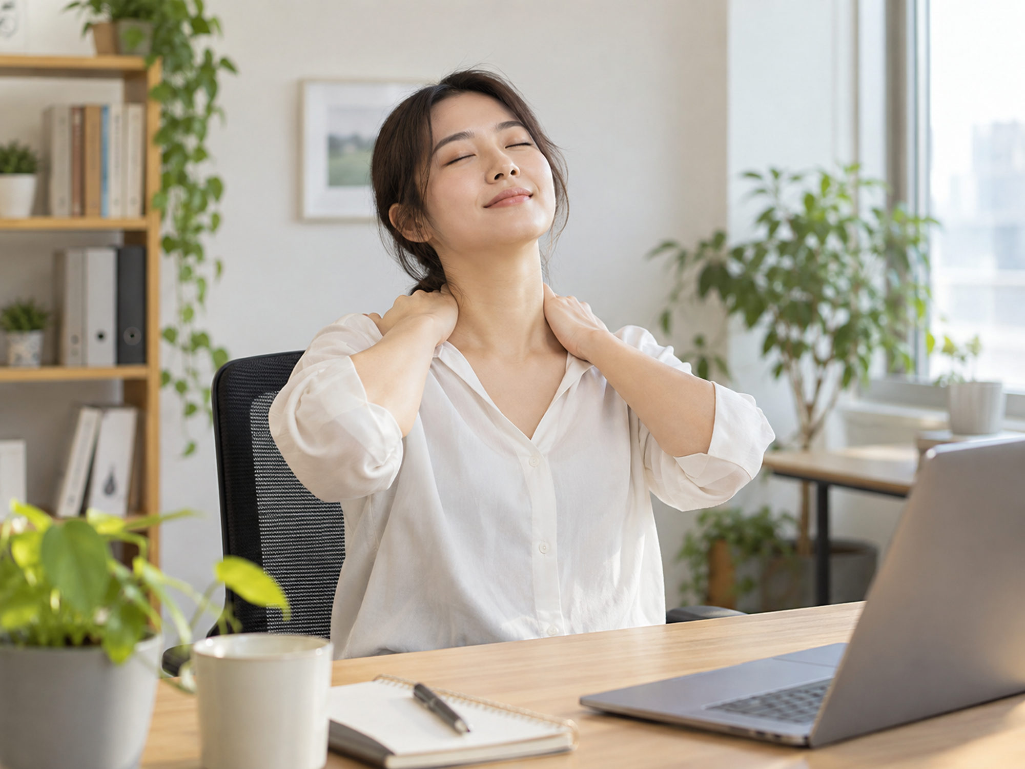 坐在辦公桌前,閉上眼睛用雙手按揉肩頸