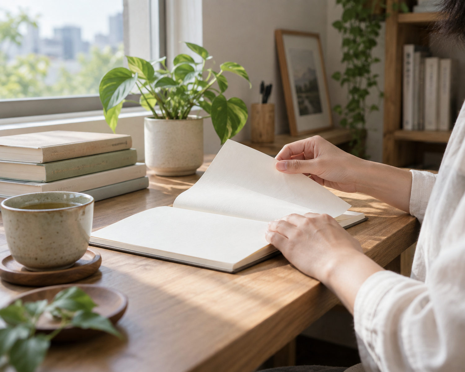木桌上翻開的筆記本、一杯茶與幾本書，一旁的人正在翻頁